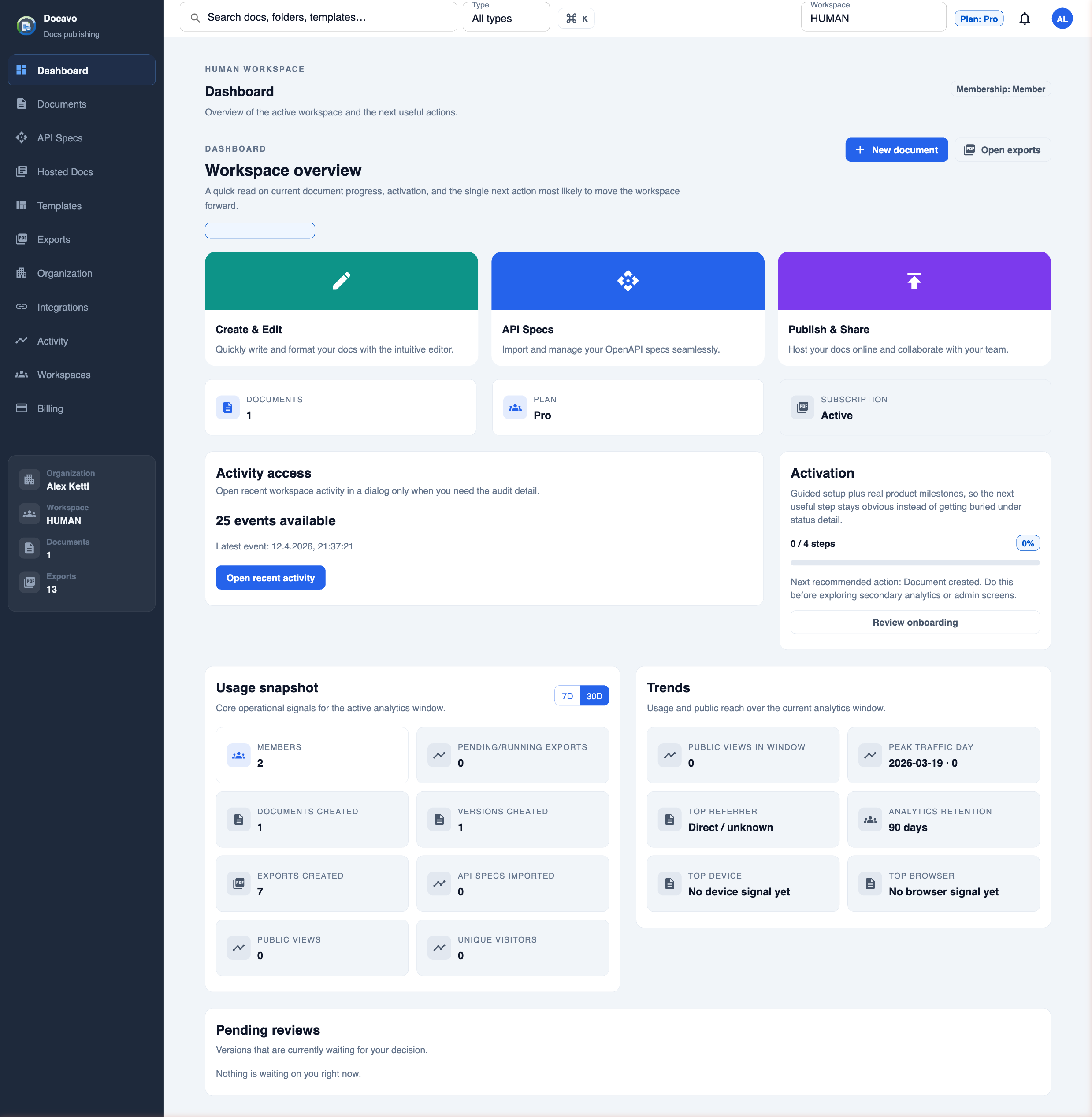 Docavo dashboard — structured documentation for engineering teams